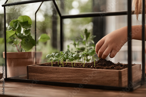 A child carefully places a tomato seedling in a prepared garden bed photo