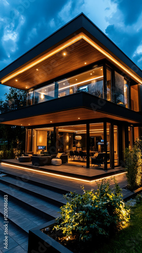 Wallpaper Mural Night view of a smart home exterior with illuminated windows Torontodigital.ca