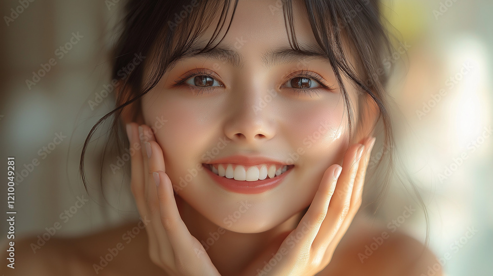 両手で頬を押さえる女性 両手で頬を押さえる女性