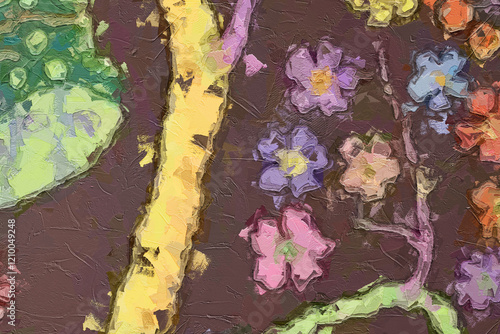 Various oil paintings, flowers, butterflies, dragonflies, bees, beautiful tropical leaves
