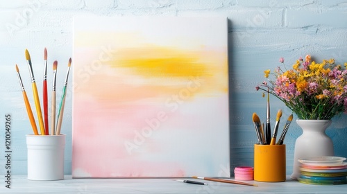 Vibrant Workspace with Painting Supplies and Blooming Flowers on Desk