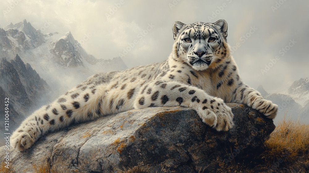 Majestic snow leopard resting on mountain rock, misty peaks background, wildlife conservation Majestic snow leopard resting on mountain rock, misty peaks background, wildlife conservation