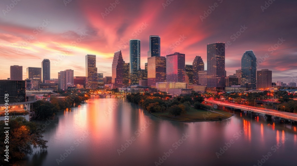 Fototapeta premium Stunning Cityscape with Illuminated Skyscrapers and Dramatic Sunset Sky