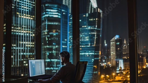 Night Cityscape View Man Working Laptop Computer Office