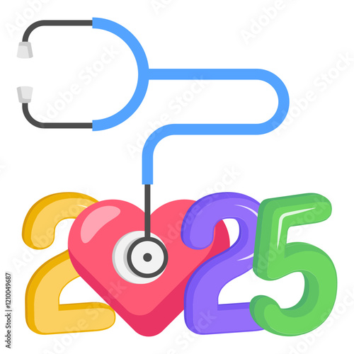 Listening to the Heartbeat of Twenty Twenty Five concept, stethoscope with earpieces forming vector icon design 2025 Checkup Complete sign, festive holiday season symbol, new year party illustration