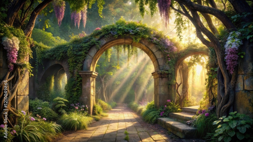 Fototapeta premium Sunlit Pathway Through a Mystical Stone Archway Adorned with Lush Greenery and Vibrant Blossoms