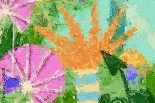 Various oil paintings, flowers, butterflies, dragonflies, bees, beautiful tropical leaves