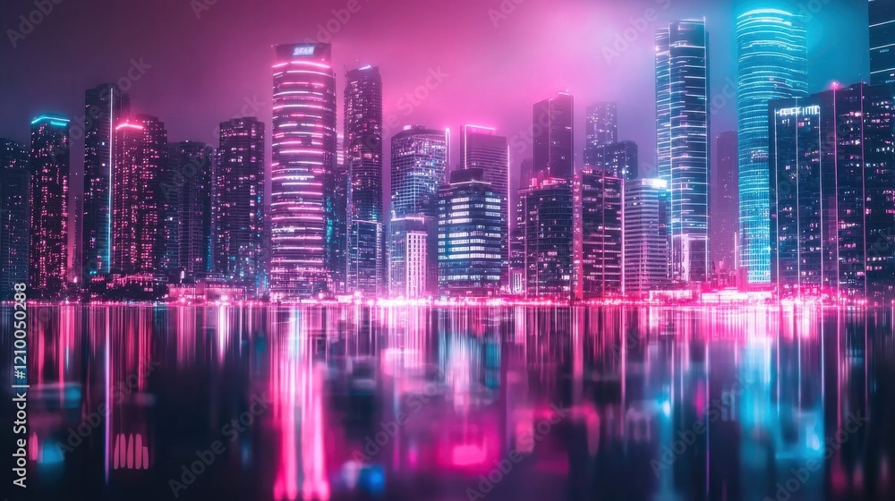 Obraz premium Mesmerizing Cityscape of Glowing Skyscrapers Reflecting in the Vibrant Night Waters