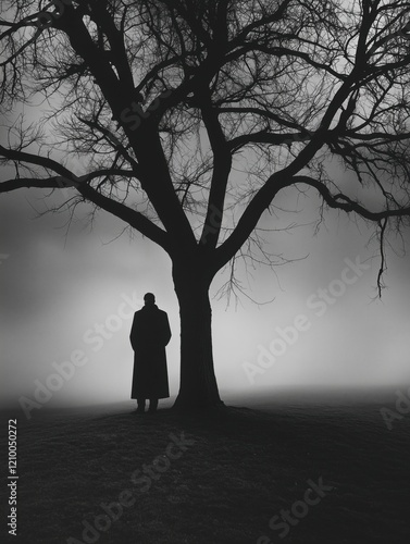 Silhouetted figure standing beneath a bare tree in a foggy landscape during twilight photo