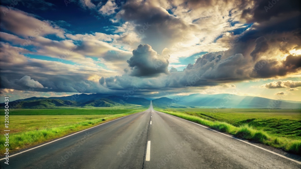 Asphalt Road Winding Through Verdant Meadows Under a Dramatic Sky with Majestic Mountains in the Distance Asphalt Road Winding Through Verdant Meadows Under a Dramatic Sky with Majestic Mountains in the Distance