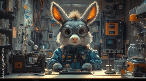 Cute bunny inventor works in cluttered workshop photo