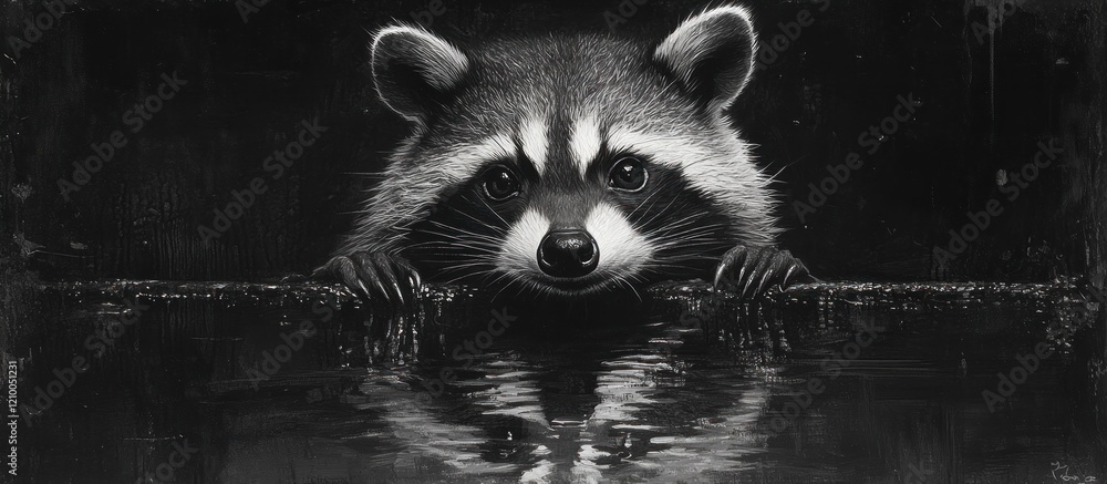 Obraz premium Raccoon peering over water, night scene, reflection, wildlife poster