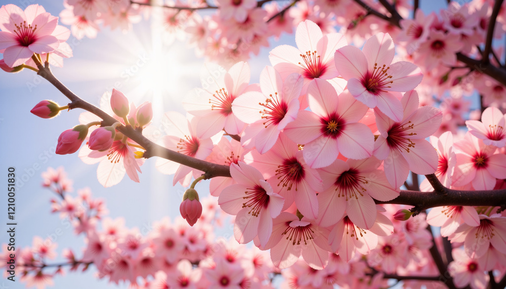 Close-up of cherry blossoms glowing in sunlight, spring beauty Close-up of cherry blossoms glowing in sunlight, spring beauty