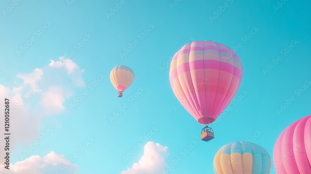 Colorful hot air balloon floating in clear blue sky, bright and vivid colors, peaceful and serene, soft clouds in the background Colorful hot air balloon floating in clear blue sky, bright and vivid colors, peaceful and serene, soft clouds in the background