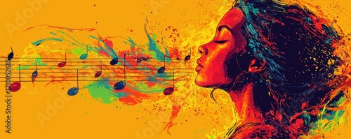 Colorful Woman Profile with Musical Notes Flowing from Her Lips