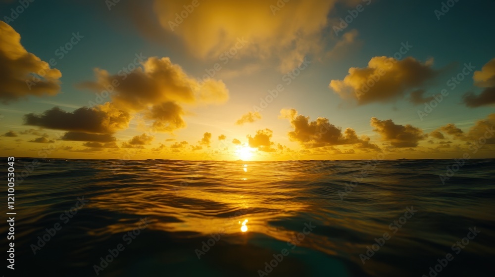 Fototapeta premium A serene sunset over calm ocean waters, with golden hues reflecting on the surface, surrounded by soft, fluffy clouds.