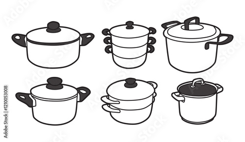 black and white vector image, six pans