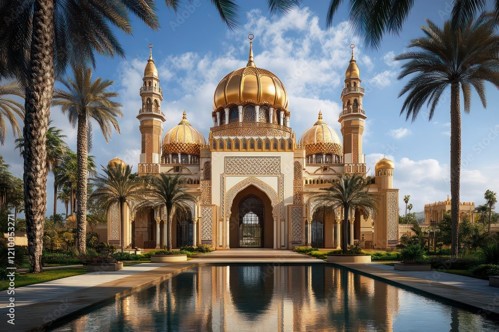 Naklejka premium Majestic Golden-Domed Palace with Reflection Pool 