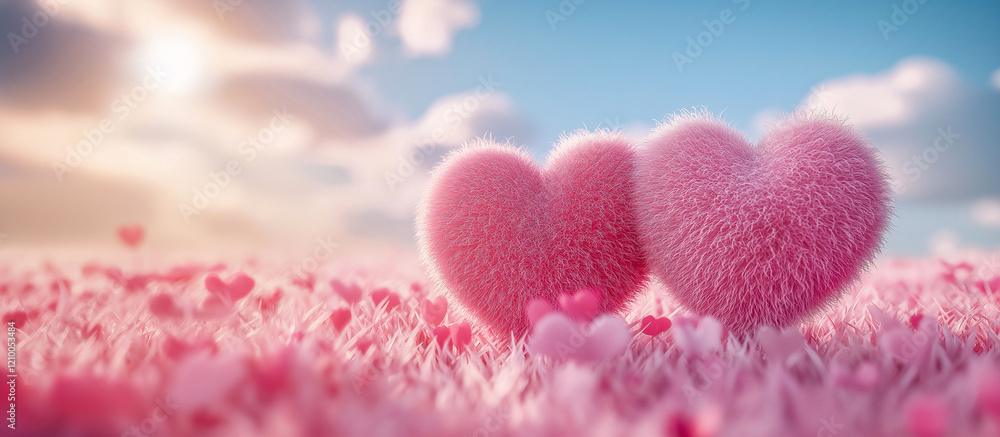 two pink heart on the pink grass,Blue sky and clouds in the background,Romantic Valentine's Day two pink heart on the pink grass,Blue sky and clouds in the background,Romantic Valentine's Day