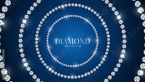 Diamonds in circle path frame with shine effect. Realistic diamonds on a shine background. Diamond sparkling beads jewellery background.
