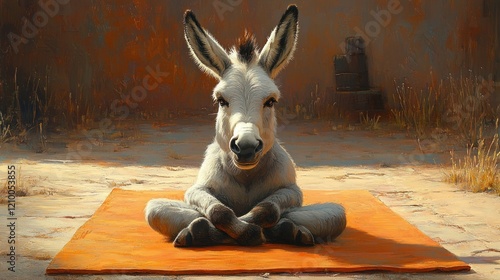 Donkey meditating, desert courtyard, sunlit, peaceful