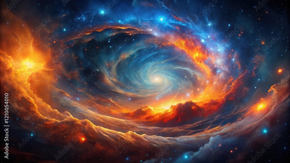 Cosmic Landscape A swirling nebula of vibrant orange and blue hues, fiery mountains emerging from a celestial vortex, stars scattered across a dark expanse. Cosmic Landscape A swirling nebula of vibrant orange and blue hues, fiery mountains emerging from a celestial vortex, stars scattered across a dark expanse.