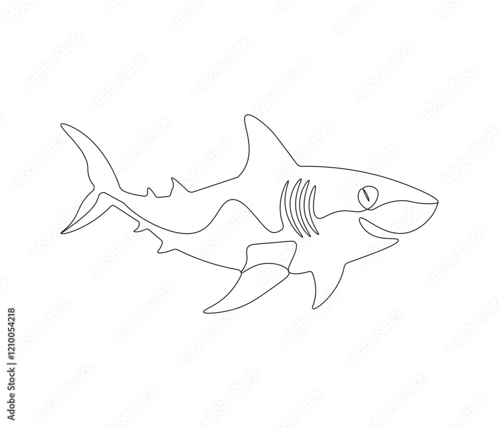 Obraz premium Continuous one line drawing of shark. Single line drawing illustration of shark saltwater. Logo,symbols and design style Concept vector art. Doodle line illustration.
