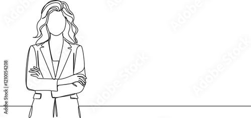 continuous single line drawing of businesswoman standing with arms crossed, line art vector illustration