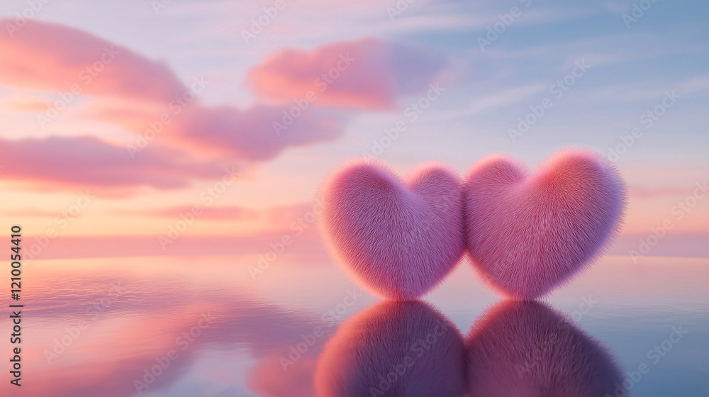 Fototapeta premium Two pink furry hearts in the Calm lake,beautiful view of the sunset in the background,Romantic Valentine's Day