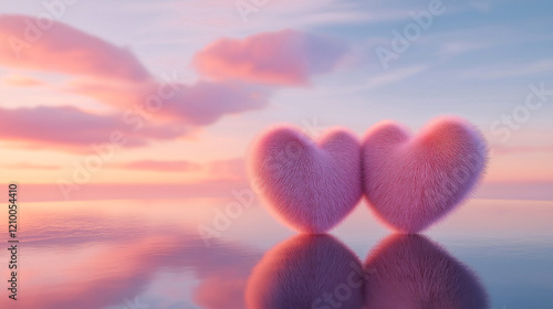 Two pink furry hearts in the Calm lake,beautiful view of the sunset in the background,Romantic Valentine's Day