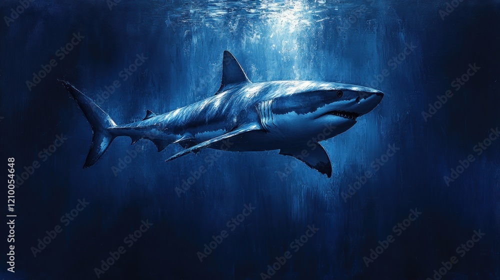 Obraz premium Oceanic great white shark swimming, deep blue water, sunlit surface, wildlife documentary