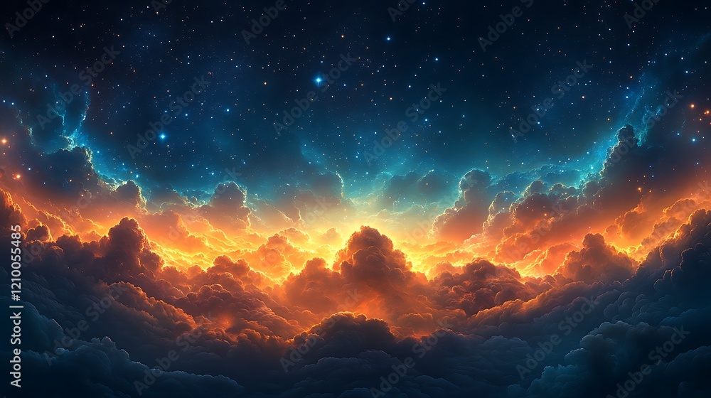 Celestial Glow: A breathtaking digital painting depicts a vibrant nebula above a sea of clouds, fiery oranges and yellows contrasting with deep blues and sparkling stars. Celestial Glow: A breathtaking digital painting depicts a vibrant nebula above a sea of clouds, fiery oranges and yellows contrasting with deep blues and sparkling stars.