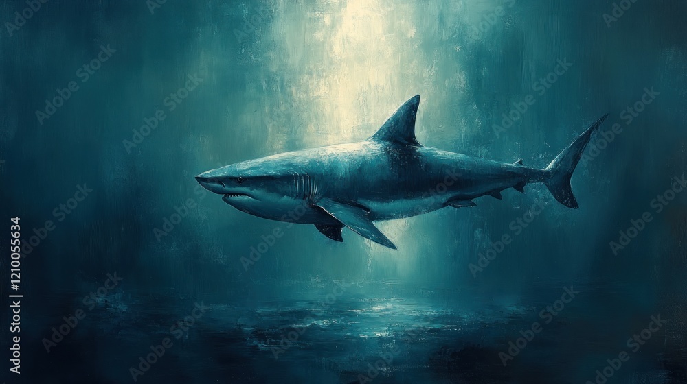 Fototapeta premium Oceanic shark swimming, underwater light, dark depths, marine wildlife, ocean art