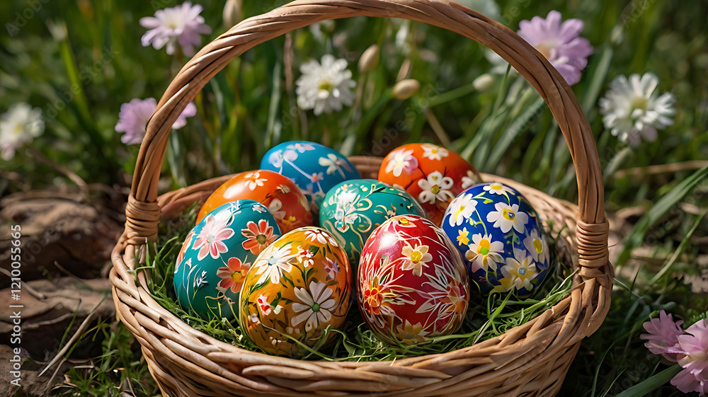 Traditional Hand-Painted Easter Eggs in Rustic Setting Traditional Hand-Painted Easter Eggs in Rustic Setting
