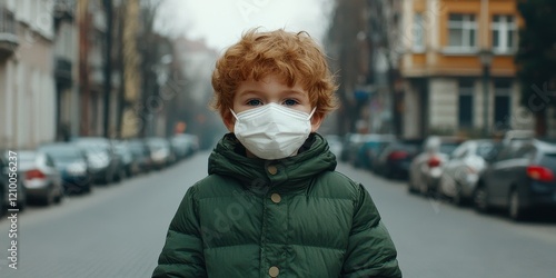 PM2.5 concept. A young boy with curly red hair stands alone on a street, wearing a mask and a green jacket, amidst parked cars and buildings. photo