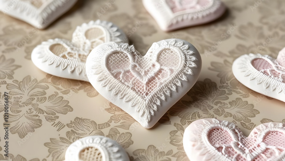 Obraz premium White Lace Heart Cookies on Floral Cream Paper Valentine's Day Theme