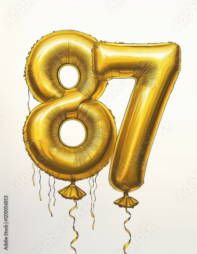 Gold birthday / anniversary party balloon, number 87, watercolor painting with white background photo