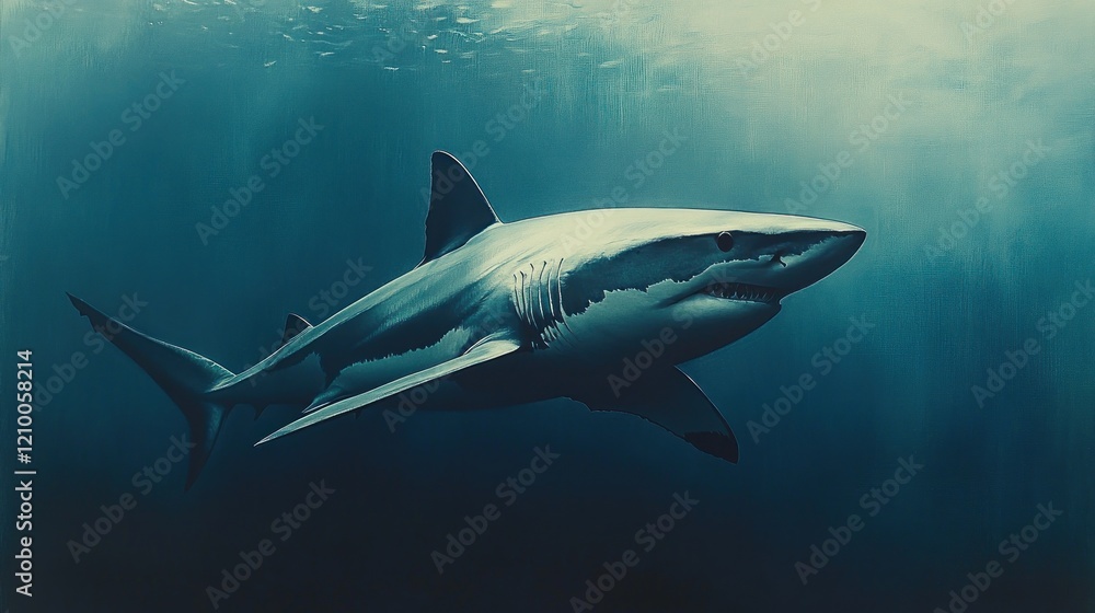 Naklejka premium Oceanic great white shark swimming, sunlit depths, marine wildlife