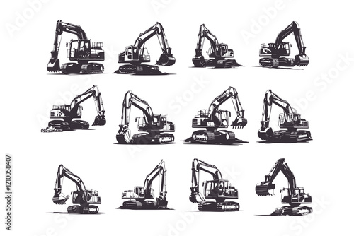 Big black-white set of construction equipment. Collection of commercial equipment for construction work. Excavator, bulldozer, tractor, loader, concrete mixer, asphalt paver. Vector illustration.