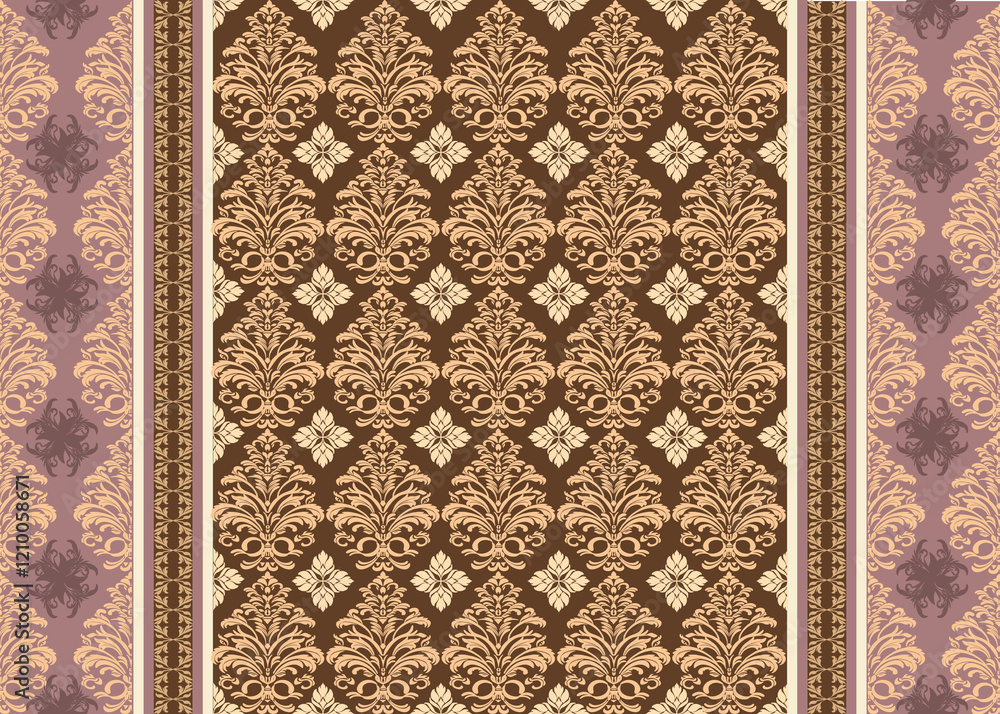 Damask fabric pattern, native style, brown, cream, purple, vertical pattern, bright and beautiful. Damask fabric pattern, native style, brown, cream, purple, vertical pattern, bright and beautiful.