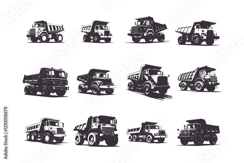 Big black-white set of construction equipment. Collection of commercial equipment for construction work. Excavator, bulldozer, tractor, loader, concrete mixer, asphalt paver. Vector illustration.