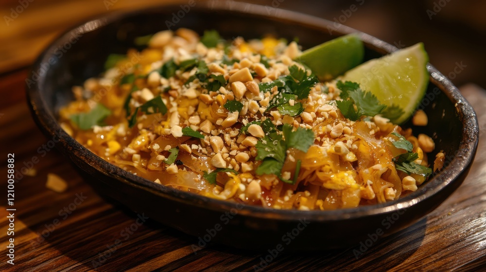 A sizzling plate of Pad Thai, garnished with crushed peanuts, lime wedges, and fresh herbs, served on a rustic wooden table. The vibrant colors of the dish stand out against the warm background. A sizzling plate of Pad Thai, garnished with crushed peanuts, lime wedges, and fresh herbs, served on a rustic wooden table. The vibrant colors of the dish stand out against the warm background.