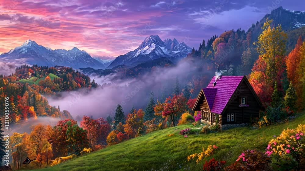 rural countryside with small farm house surround with beautiful nature mountain and forest under sunset twilight gradient sky rural countryside with small farm house surround with beautiful nature mountain and forest under sunset twilight gradient sky