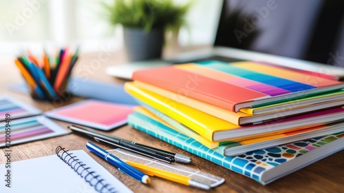 A stack of graphic design books with colorful covers, placed neatly on a wooden desk. The books are surrounded by sketchpads, pens, and a laptop, evoking a creative workspace atmosphere. photo