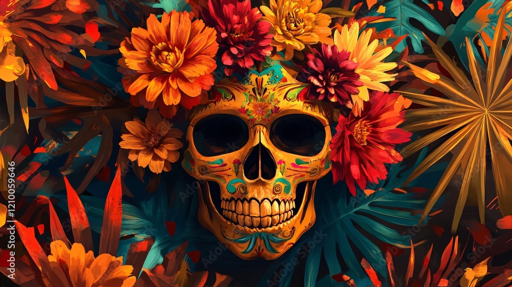 Mexican Skull Decor with Flowers for Festive Event | Day of the Dead Celebration Artwork Display