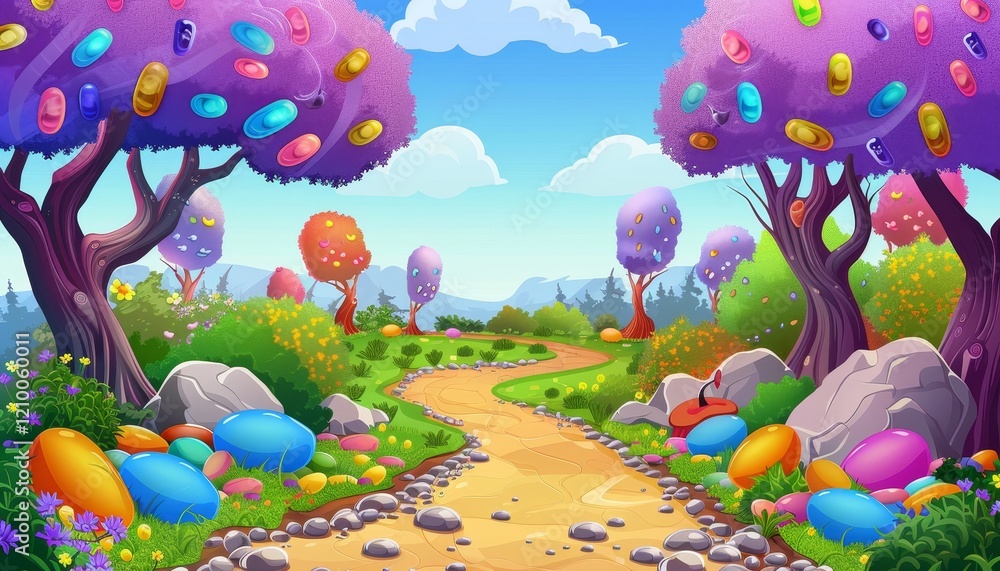 Fototapeta premium A winding dirt path leads through a whimsical landscape of candy trees, giant candy rocks, and colorful flowers.