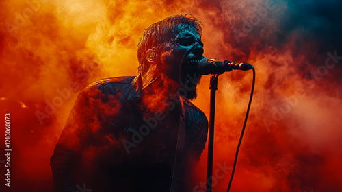 Rock band lead singer sings in fire - symbol of passion photo