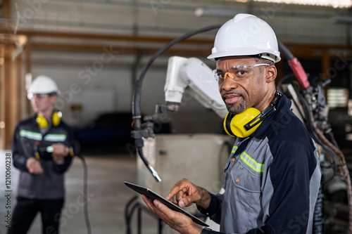 Obraz na płótnie Robotics control engineers setting and maintain spare parts of industrial robot arm controller in production plant factory w salonie