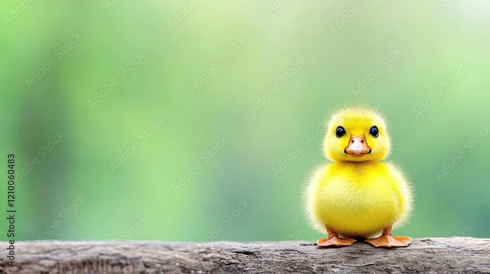 Cute fluffy duckling on branch, green background, spring. Perfect for cards Cute fluffy duckling on branch, green background, spring. Perfect for cards
