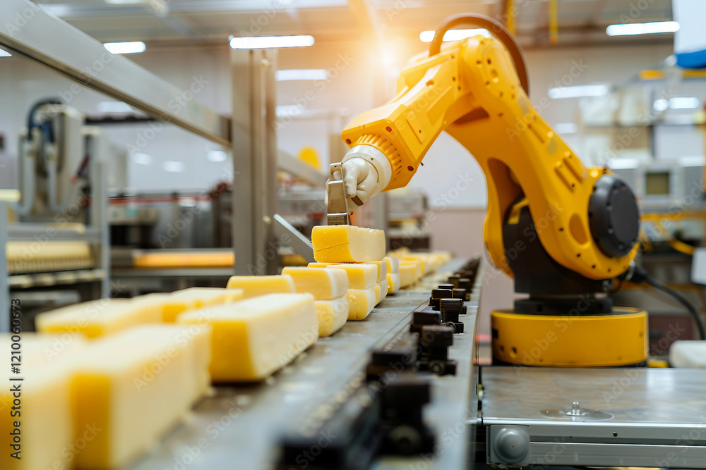 Fototapeta premium Generative AI Illustration of a Robot Automating Cheese Production in a Modern Factory Setting